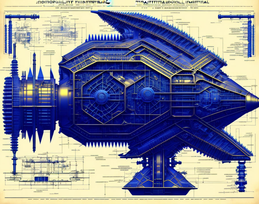 Detailed Blueprint Illustration of Futuristic Spaceship in Blue and Yellow Tones