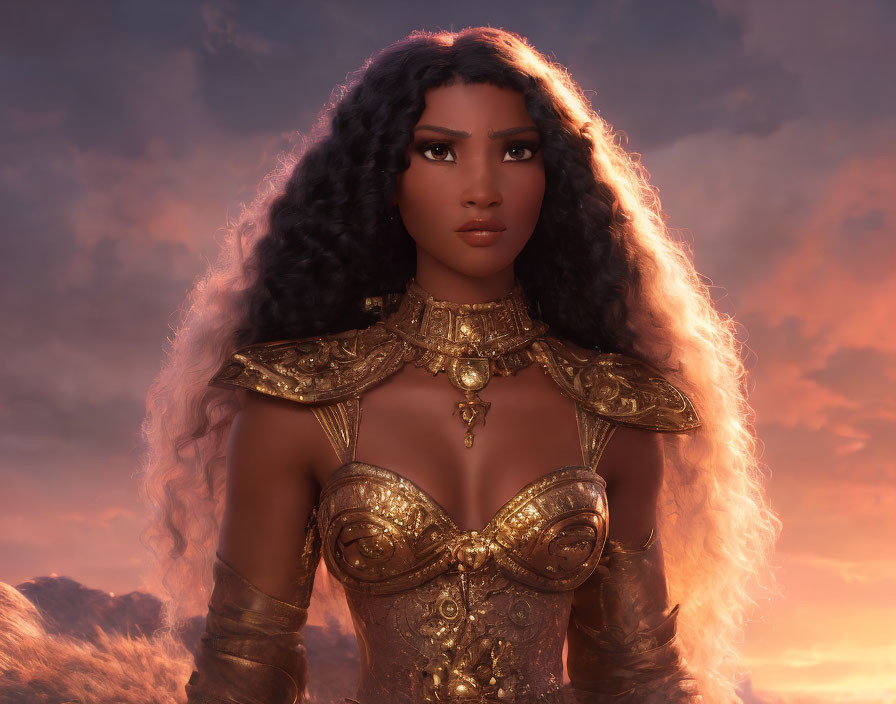 Curly-Haired Female Character in Golden Armor at Sunset