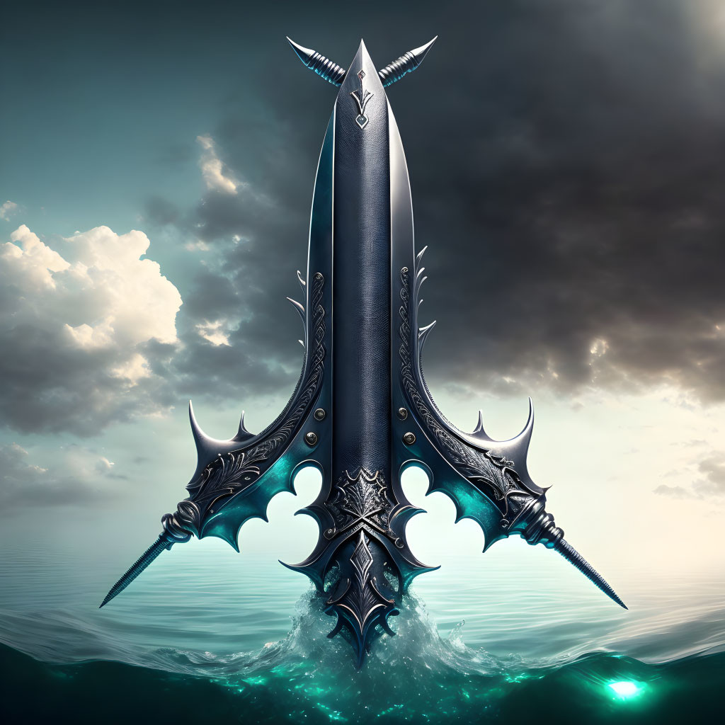 Intricate fantasy sword design in stormy sky water scene