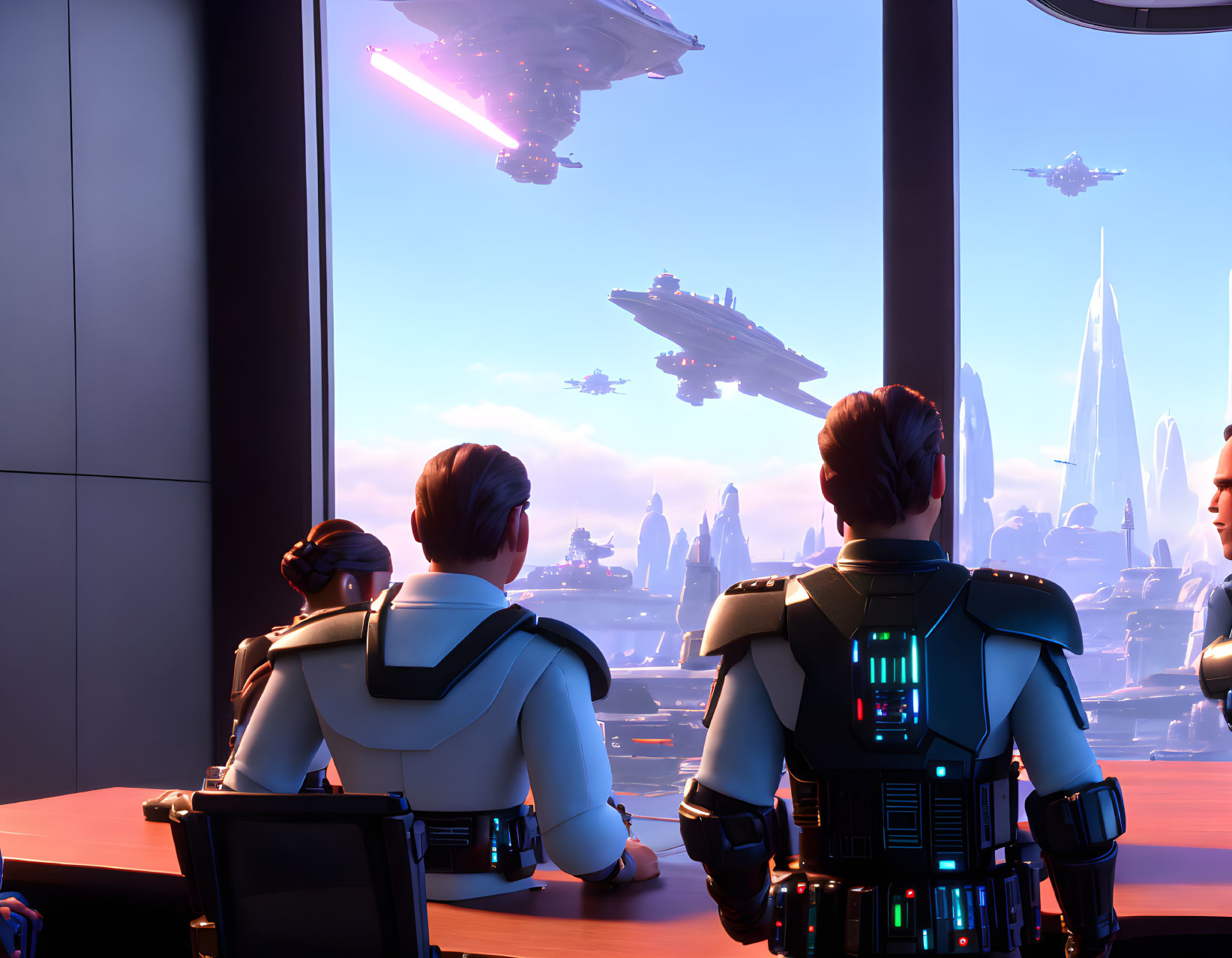 Three individuals in futuristic attire watching spaceships over a futuristic city at sunset