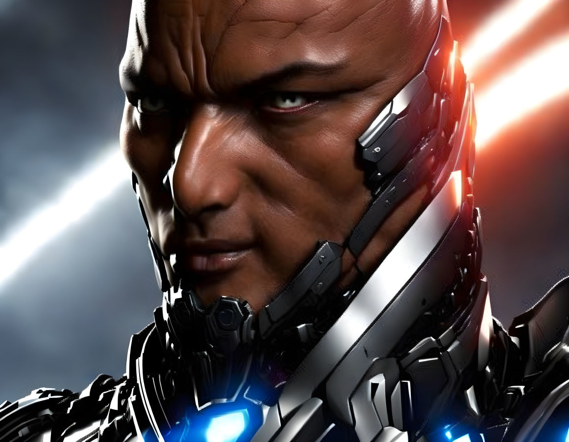 Menacing cyborg with bald head and glowing blue cybernetic enhancements