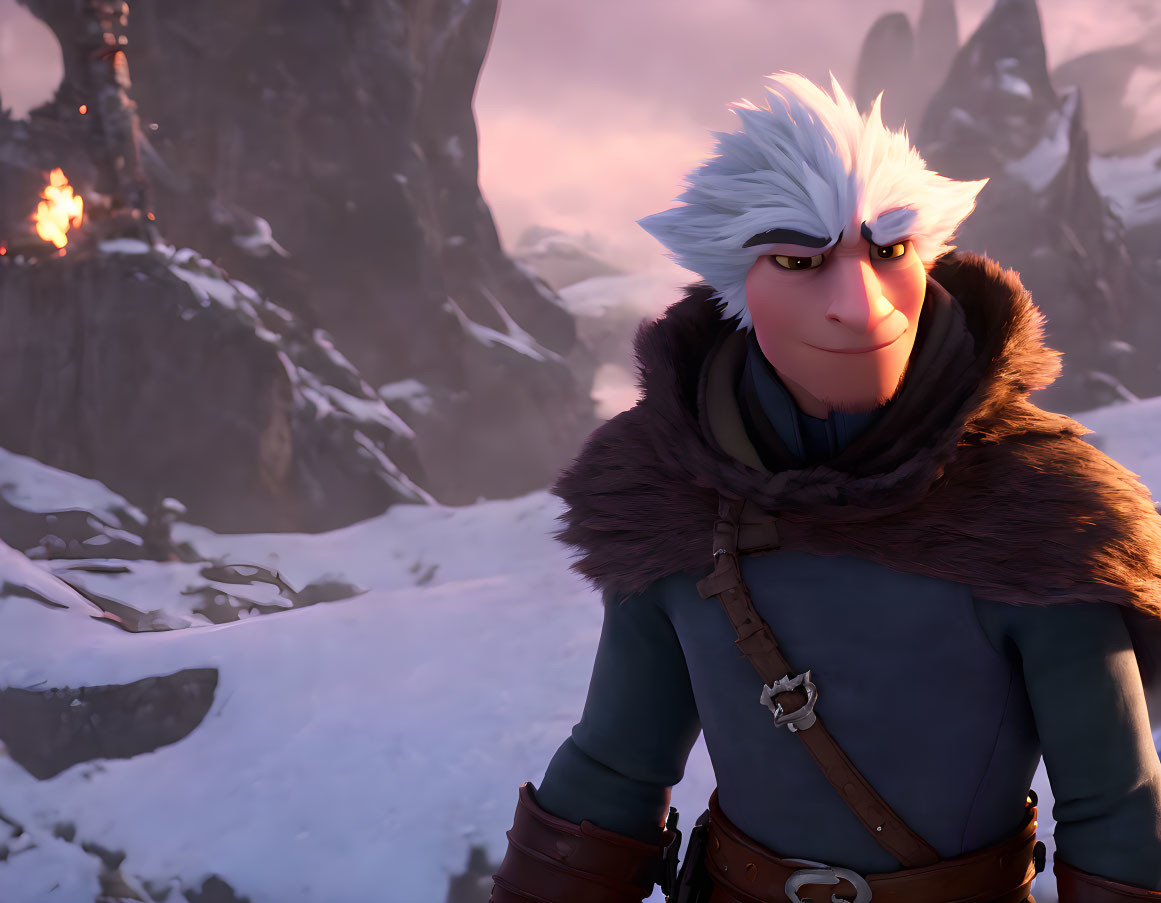 White-haired animated character in blue tunic in snowy mountain landscape at dusk