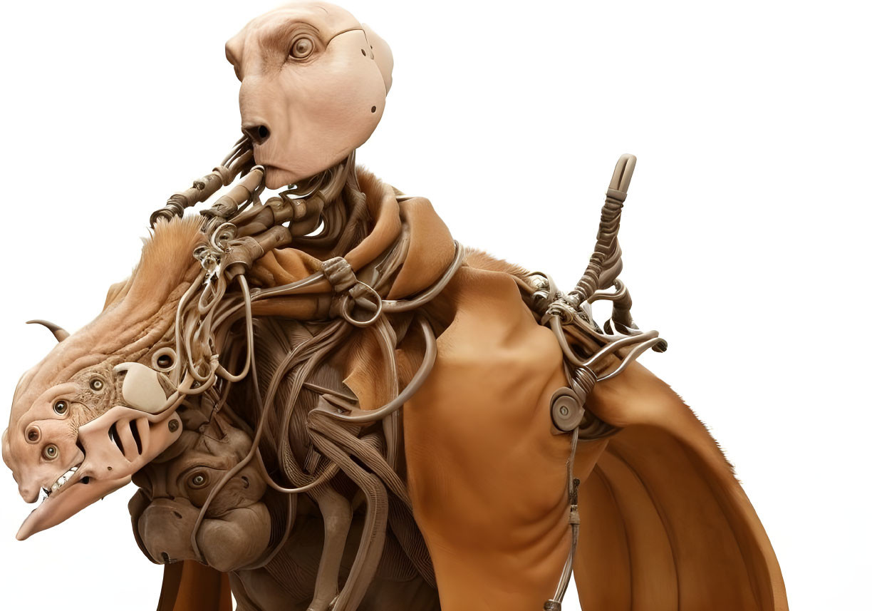 Illustration of humanoid creature in tan cloak with long neck and metallic tubes.