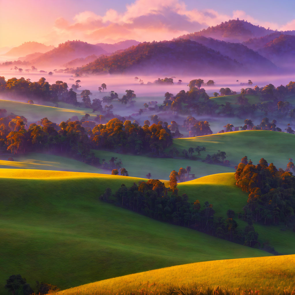 Scenic sunrise over misty hills with scattered trees