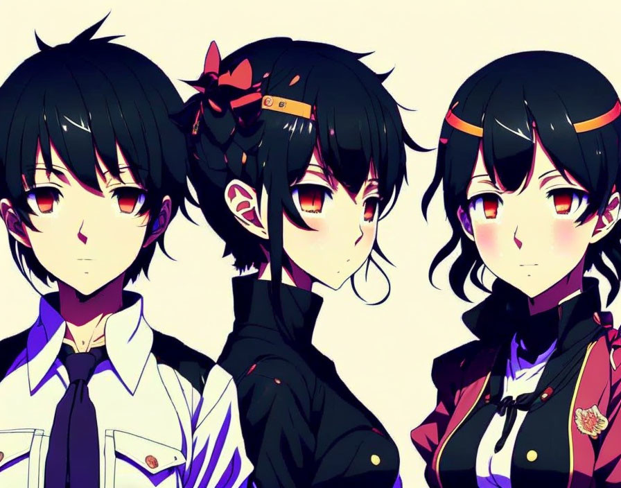 Three Anime Characters with Dark Hair in White Shirt and Red Accents, Side Glancing