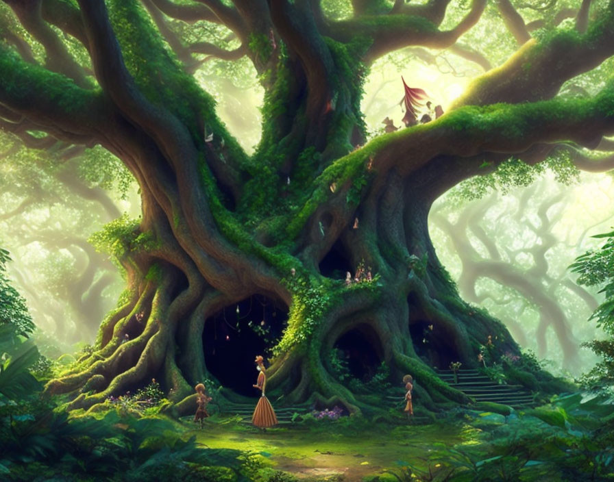 Majestic tree with roots and mystical figures in enchanted forest