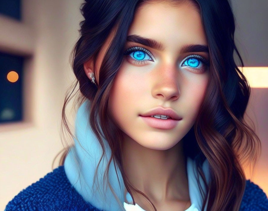 Digital Artwork: Woman with Blue Eyes, Dark Hair, Blue Sweater & White Shirt