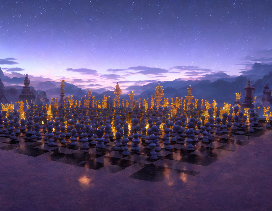 Fantasy Chessboard with Glowing Pieces on Snowy Landscape