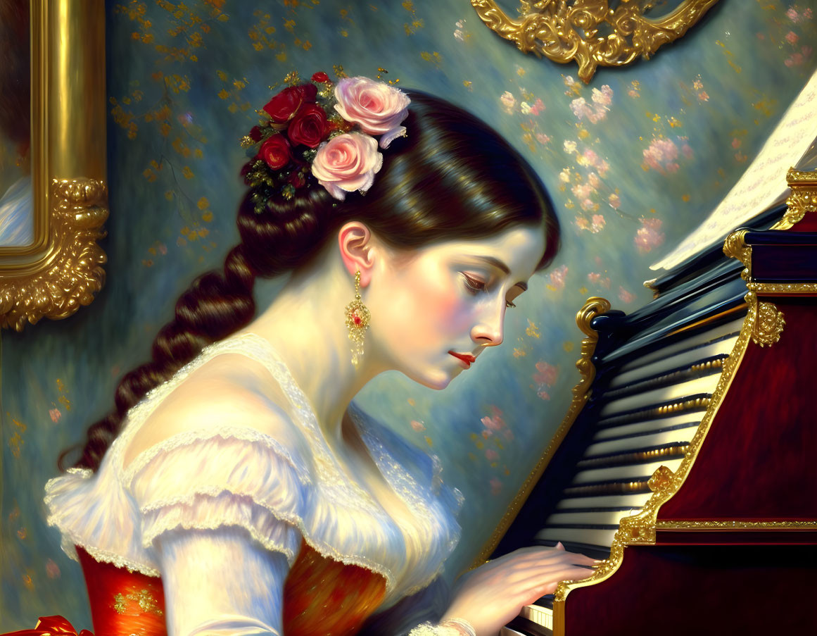 Woman with Roses in Hair Playing Grand Piano in Intricate Painting