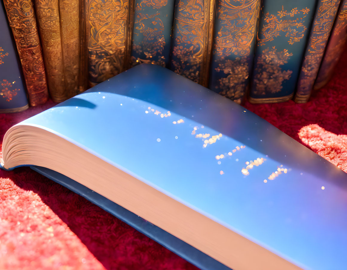 Blue-covered open book on pink surface with antique books in background