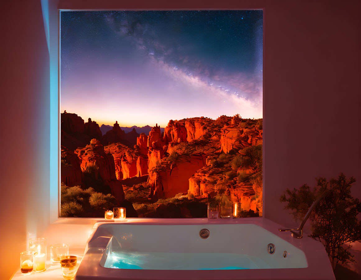 Luxurious Bathtub with Candles and Drinks in Desert Night Sky