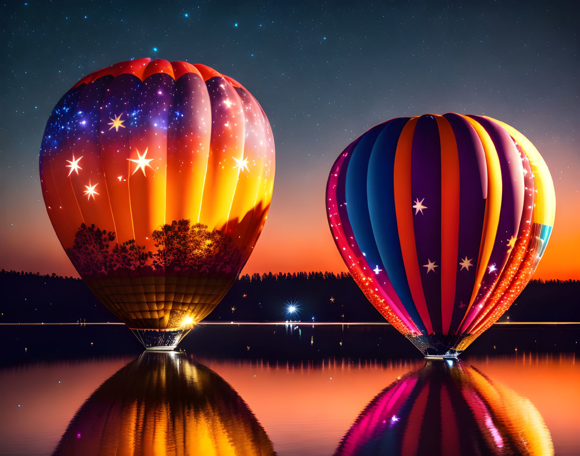 Vibrant hot air balloons reflected on tranquil lake at sunset