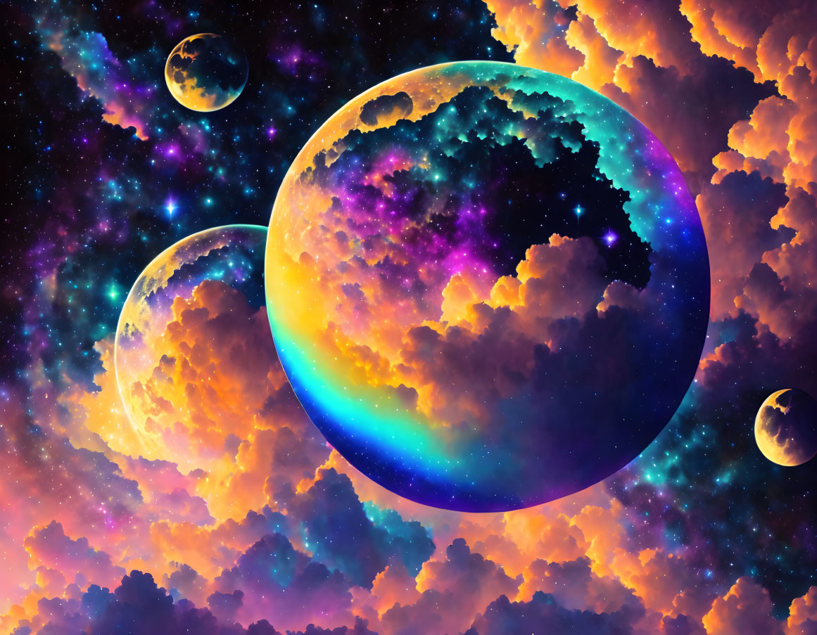 Colorful Planets in Orange and Purple Space Scene