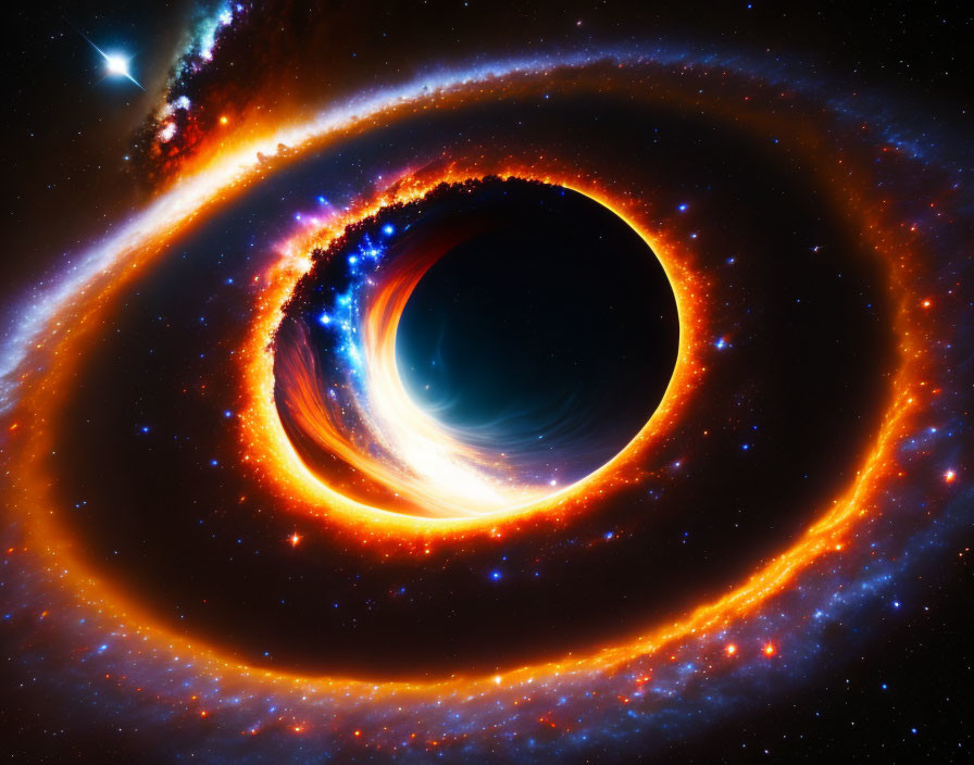 Colorful depiction of black hole with orange and red accretion disk in space