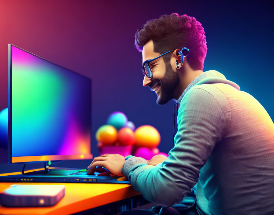 Bearded man with glasses using computer in neon-lit room