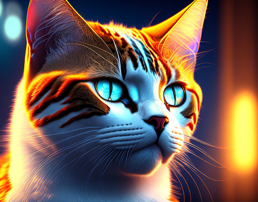 Colorful digital artwork featuring a cat with blue eyes and intricate fur in a glowing light setting