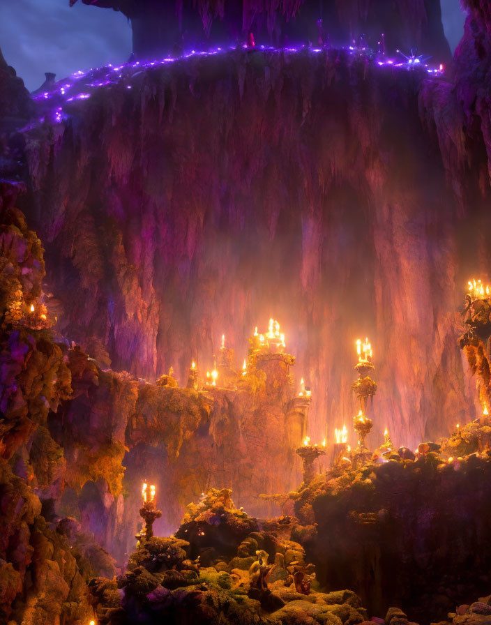 Ethereal purple glow in candlelit cave with stalactites and moss formations