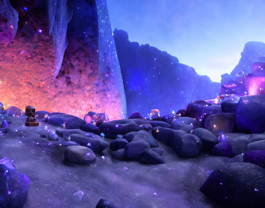 Mystical cave with purple and blue crystals, wooden chest, and star-like specks