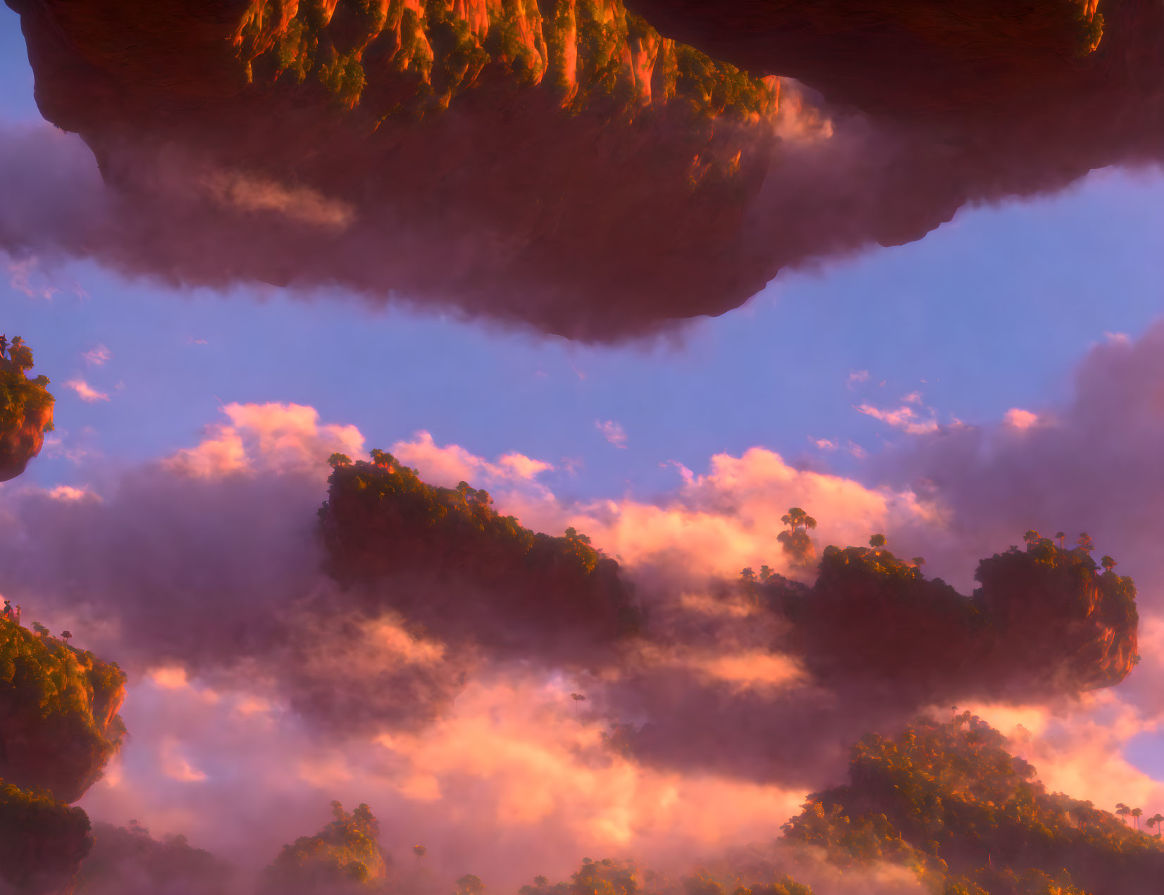 Surreal landscape: Floating islands, pink clouds, dreamlike fantasy setting