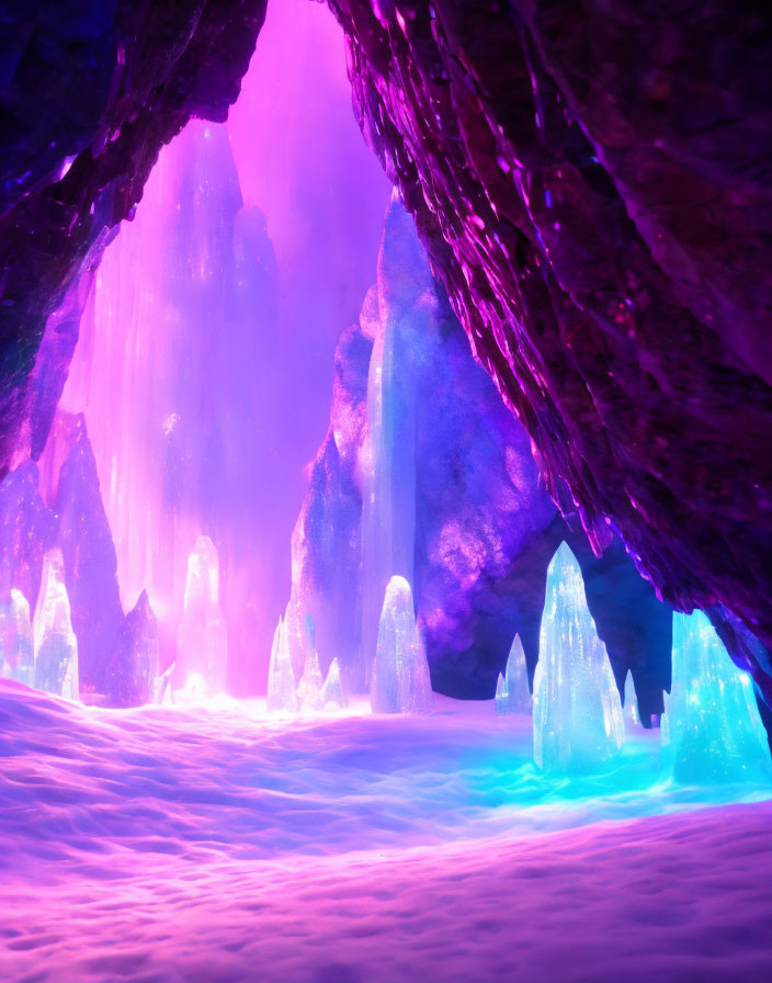 Mystical ice cave with purple and blue hues and glowing icicles