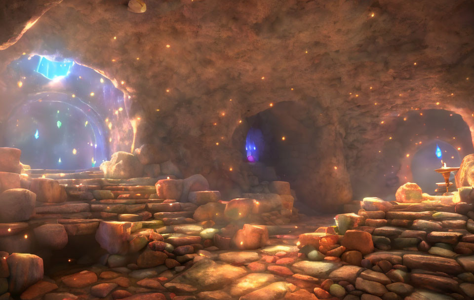 Mystical cave with glowing crystals and colorful light portals