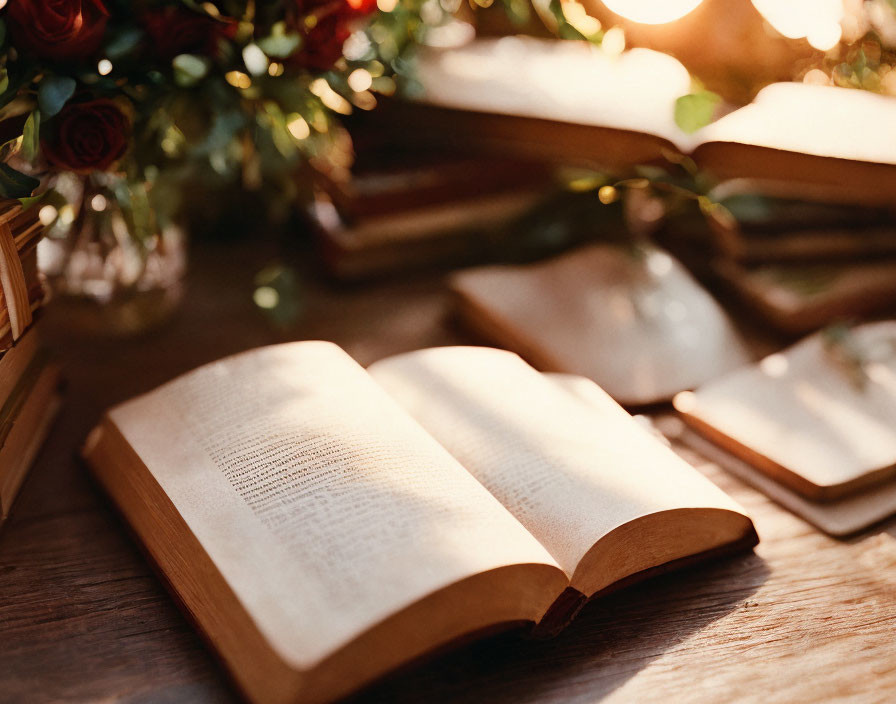 Open book on wooden table with roses and books in warm sunlight