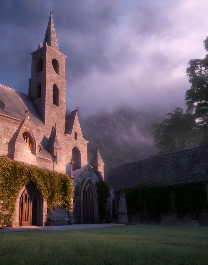 Stone church with ivy, spire, sunrise light, and mist-covered landscape