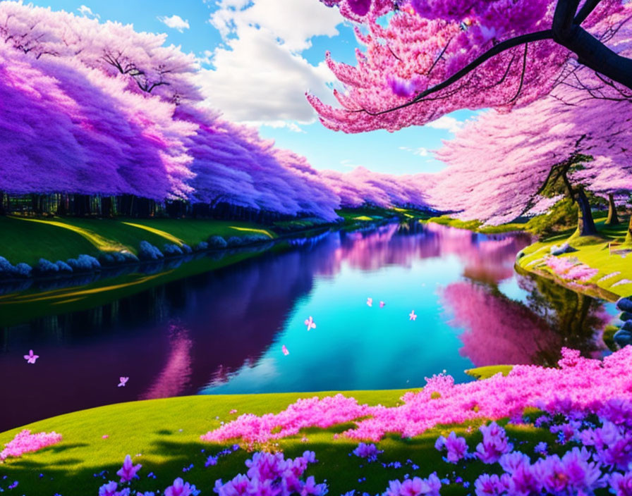 Vivid pink cherry blossoms by tranquil blue river