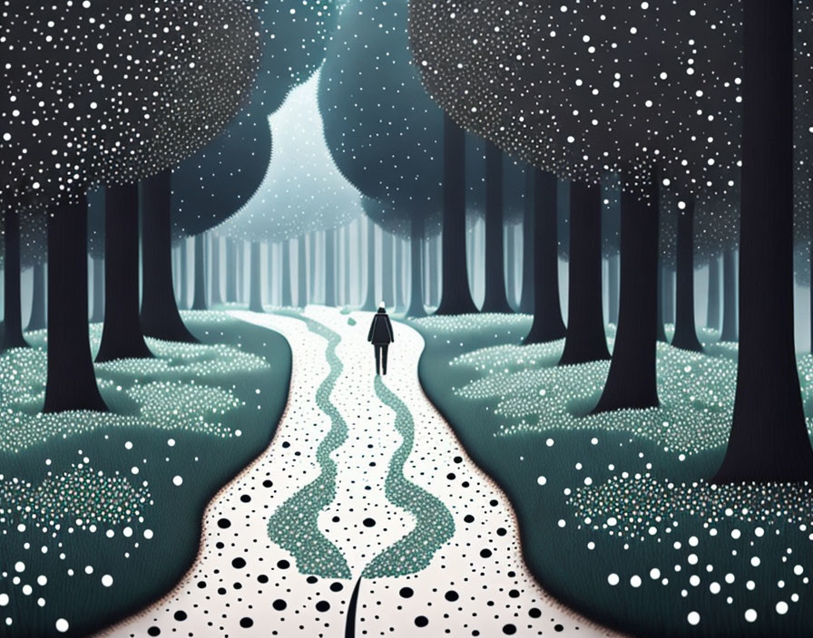 Solitary figure walking on winding path in mystical forest with white speckled trees.