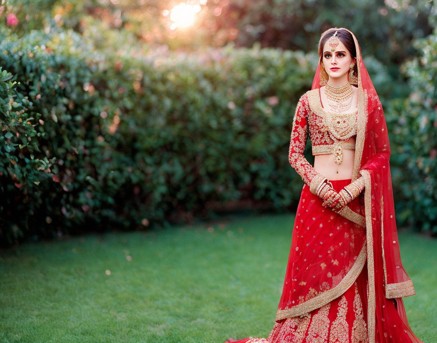 Elaborate red bridal lehenga with gold embroidery in garden setting