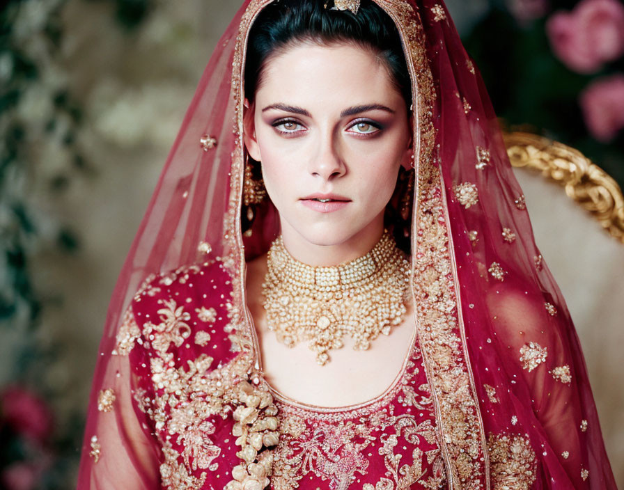 South Asian Bridal Attire with Golden Jewelry & Red Veil