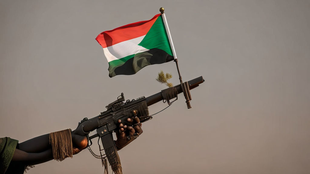 Sudanese flag draped over AK-47 rifle against clear sky