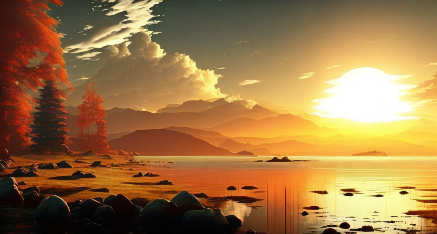 Tranquil Sunset Scene: Golden Light on Lake, Autumn Trees, Mountain Range