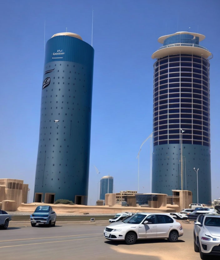 Twin blue glass cylindrical towers in urban setting with cars