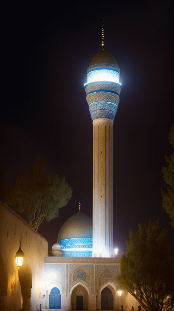 Night scene of illuminated mosque minaret and dome in darkness