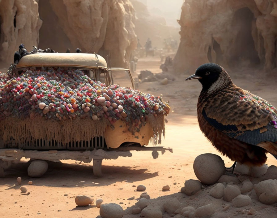 Vibrant bird, round object, candy-covered car, desert setting with figures