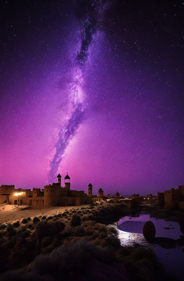 Starry Night Sky Over Ancient Buildings and Reflective Water