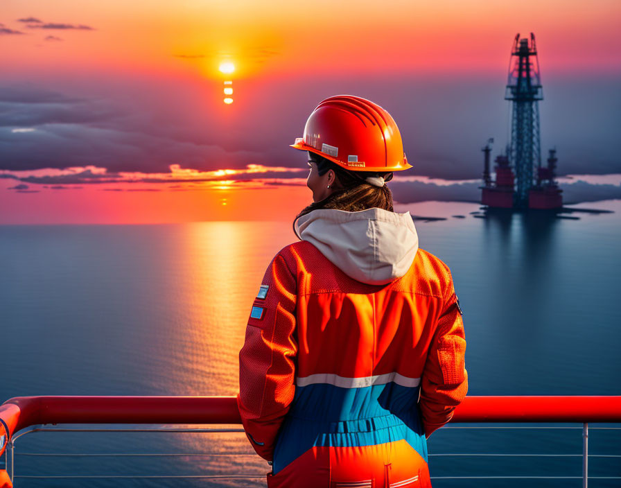 Safety gear worker views sunset over sea with oil rig.