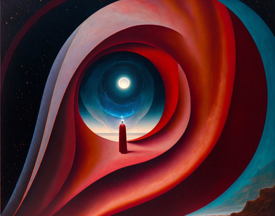 Surreal landscape with robed figure and luminous orb in red and orange layers