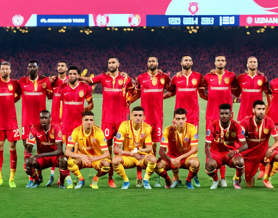 Red and Yellow Football Team Posing on Pitch with Stadium Crowd