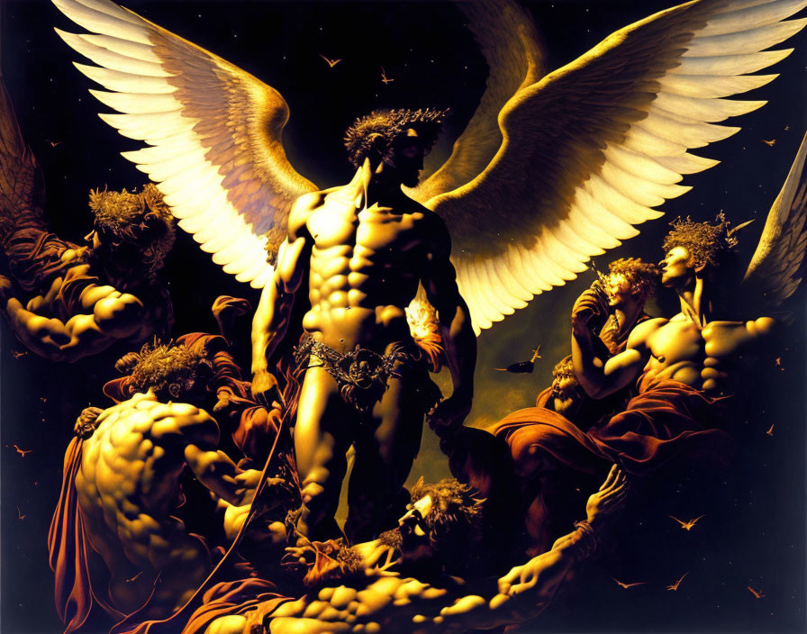 Angel with Large White Wings Surrounded by Figures in Mythical Setting