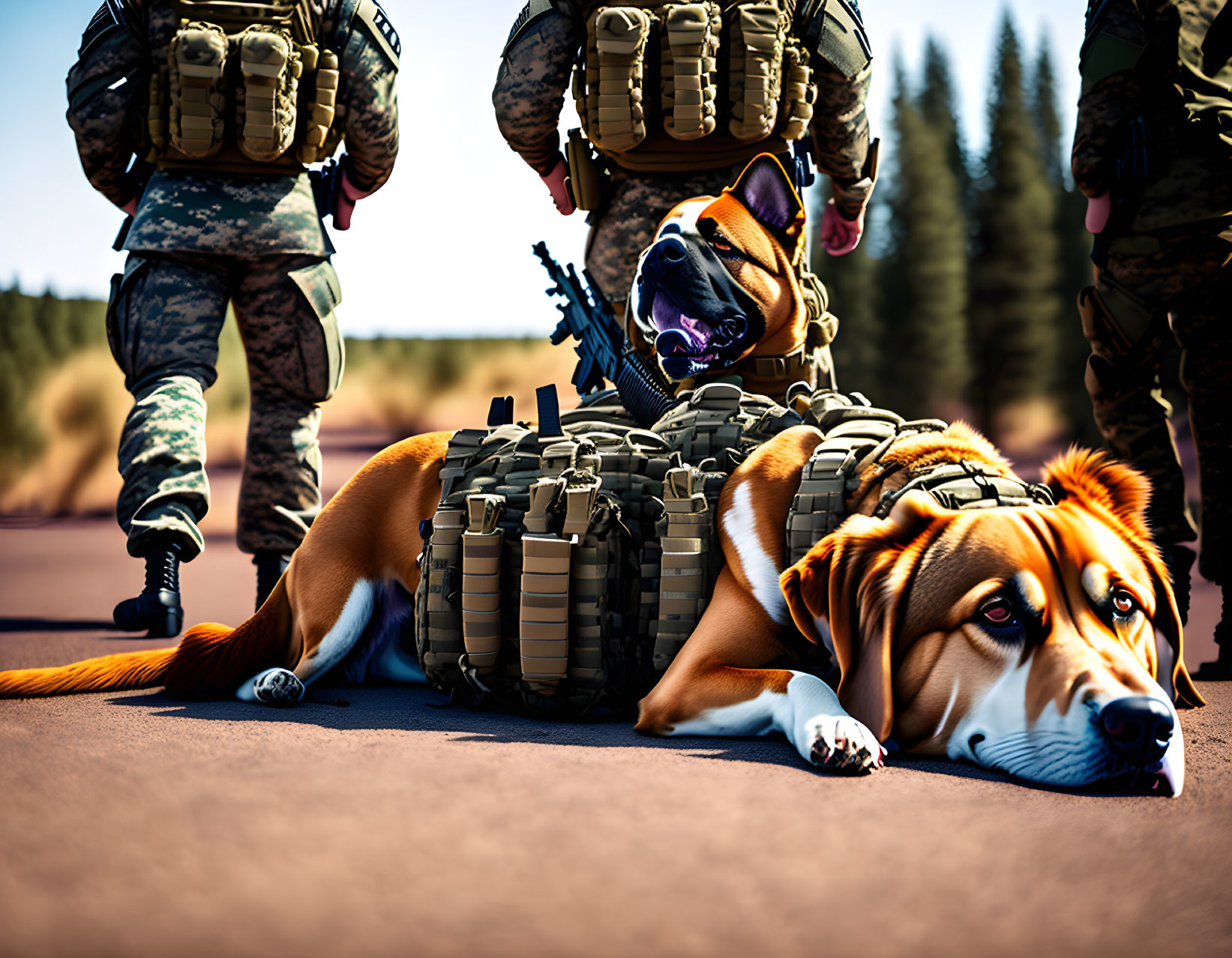 Military dog in tactical gear with soldiers ready for operation