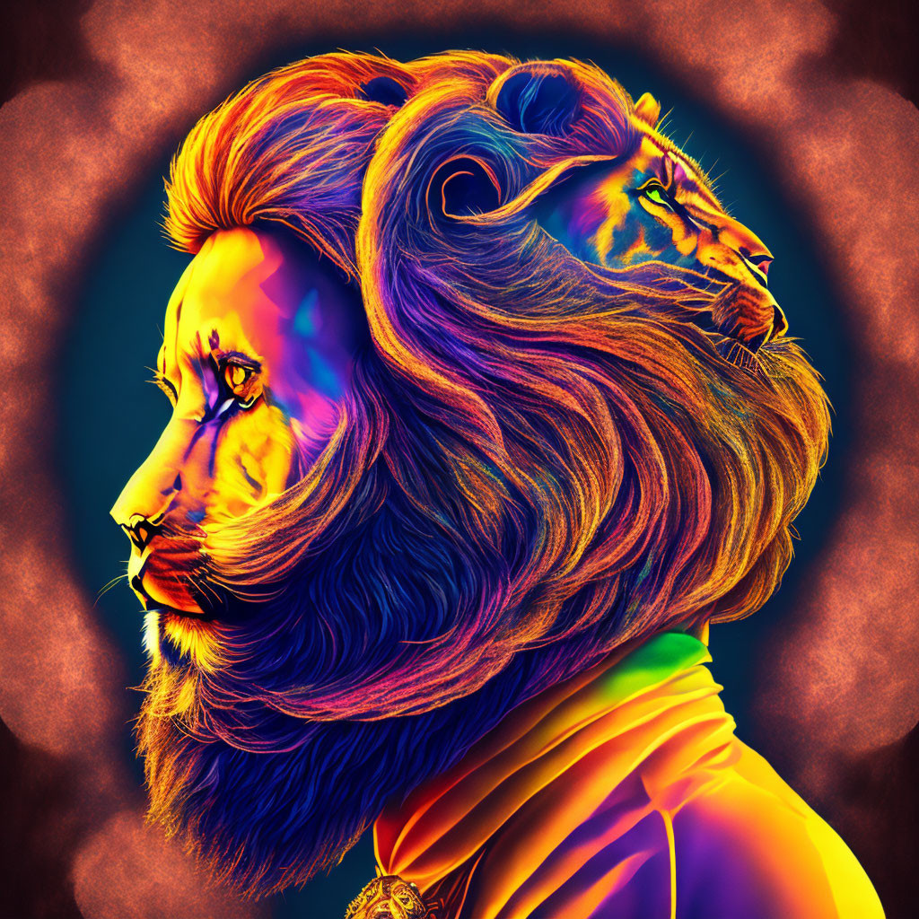 Neon-colored lion heads in profile on dark background