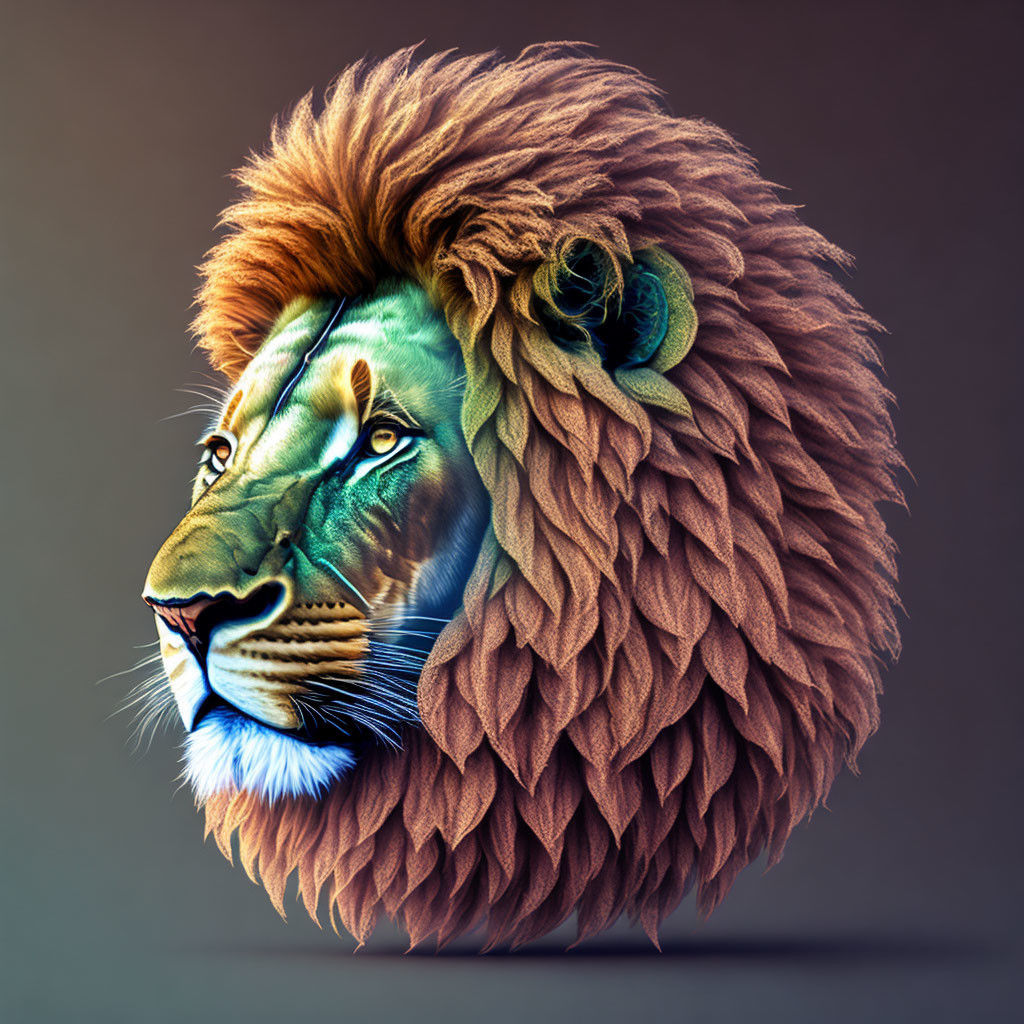 Colorful digital artwork of a lion with stylized mane on muted backdrop