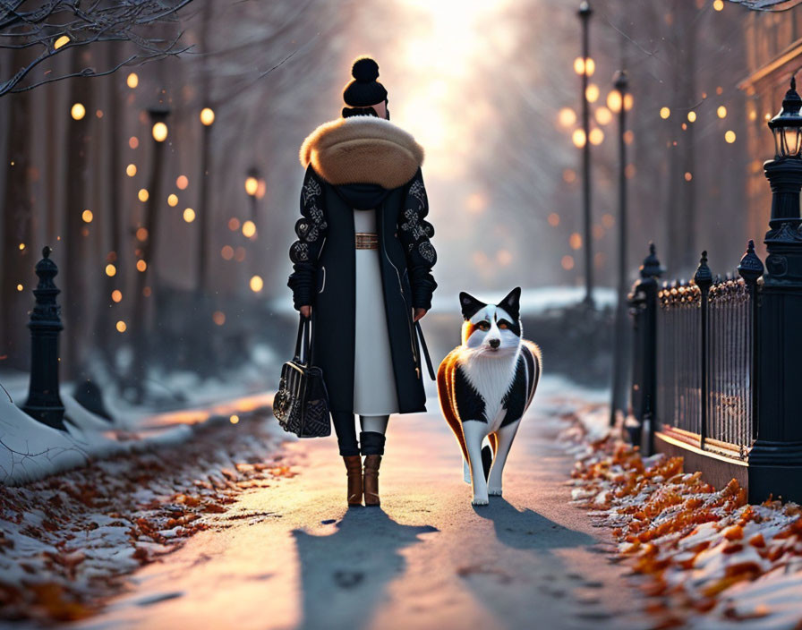 Person and cat walking on snowy path under streetlights in wintry dusk