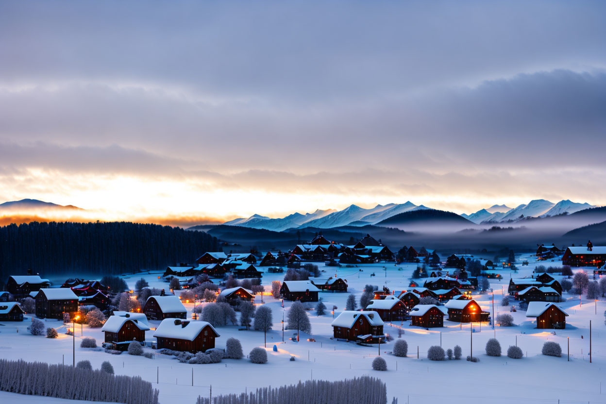 Snowy Village at Winter Sunrise with Warmly Lit Houses