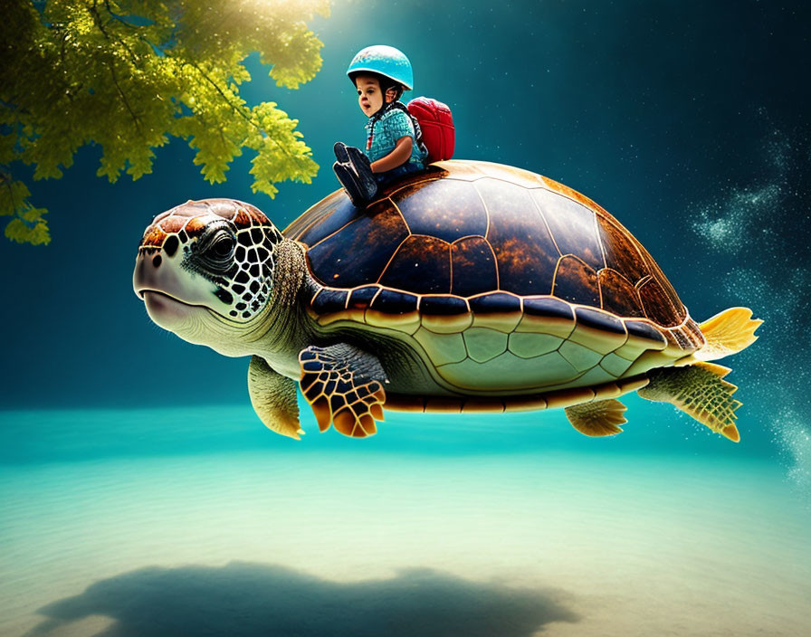 Child in helmet riding giant sea turtle through ocean with green leaves and blue background