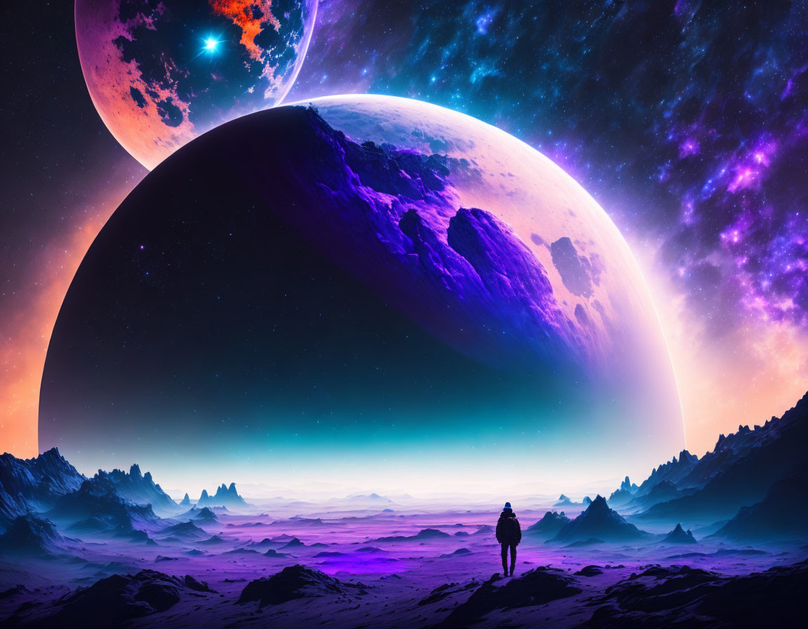 Person standing on surreal landscape with purple skies and large moons over misty mountains