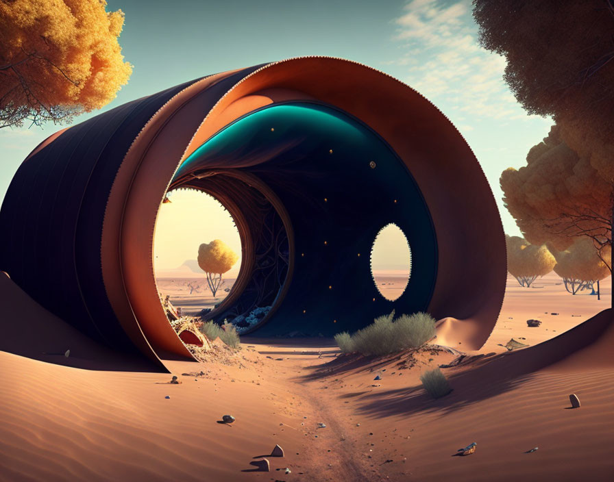 Surreal desert landscape with twisted torus structure under orange sky