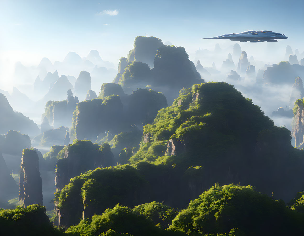 Lush Green Peaks and Futuristic Aircraft in Serene Landscape